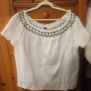Old Navy White Blouse with Blue Embroidery